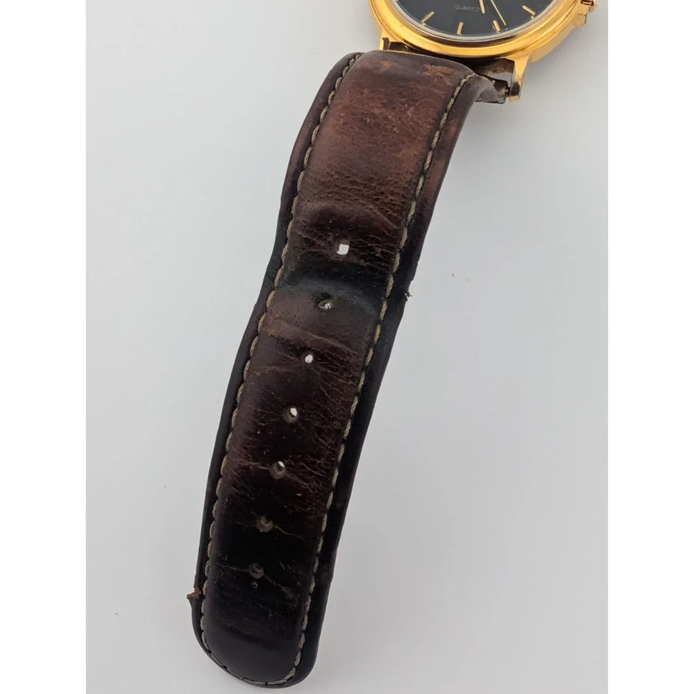 Lamex India 18k Gold Electroplated Watch Men 32mm Case Leather Band- New Battery